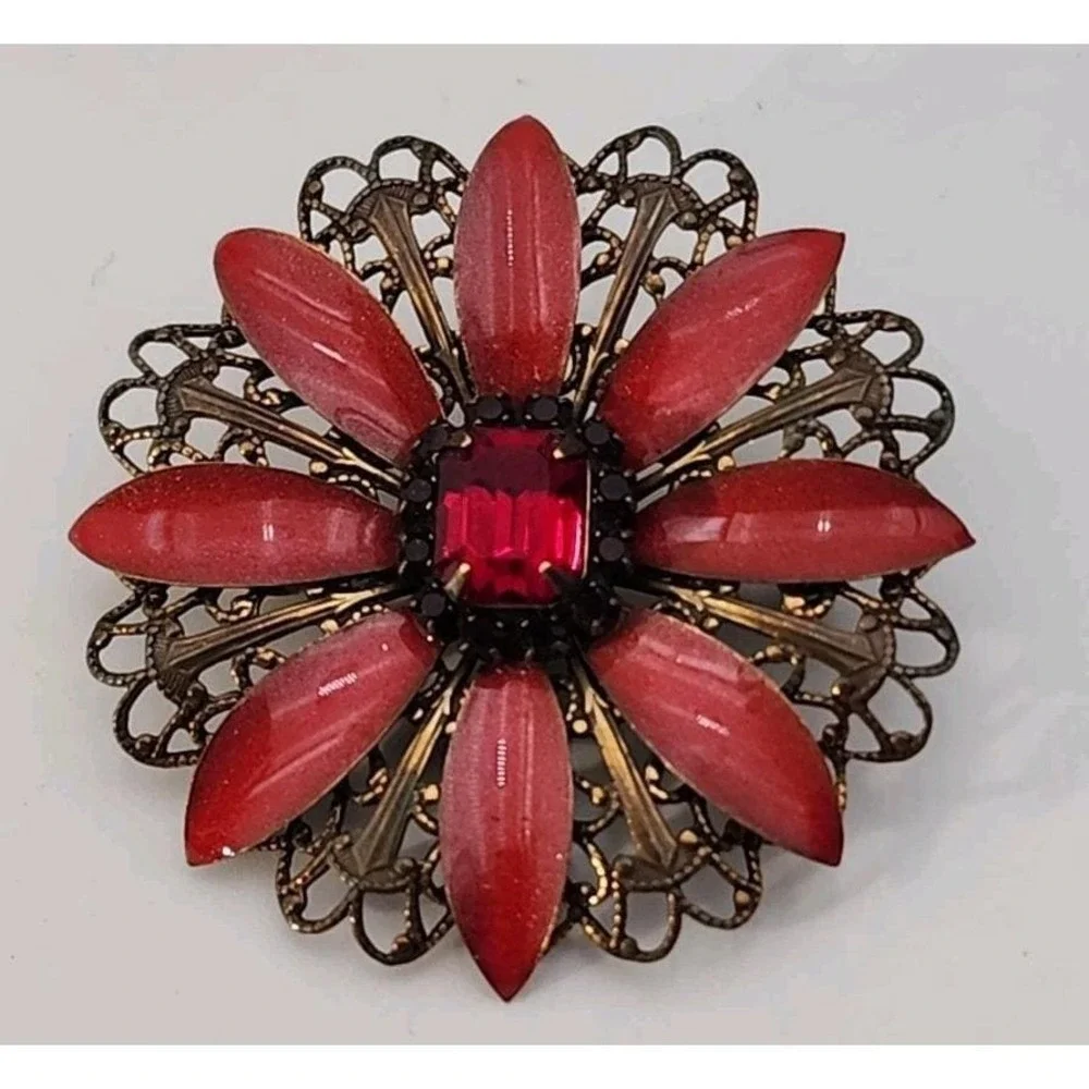 Vintage Signed‎ Liz Paiacios Red enamel rhinestone Flower Brooch Pin